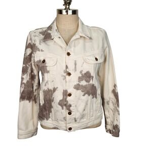 NSF Tie Dye Denim Jacket Cotton Womens M White Brown Distressed Button Closure‎